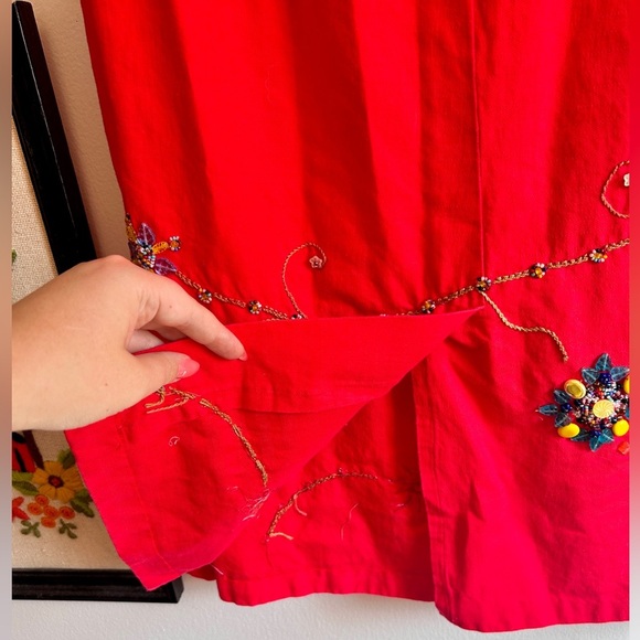 Vintage Late 90s / Y2K Embellished Beaded Red Cotton Shift Dress - Picture 6 of 8